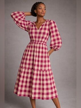 Anthropologie Millie Resort Pink Gingham Dress L Tiered Midi Cottagecore